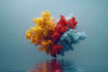 Vibrant tree cluster floats above calm water in a serene landscape showcasing bright colors and...