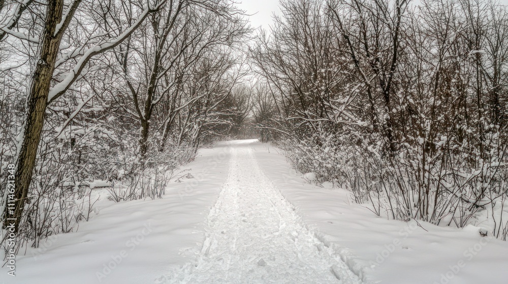 Poster snow-covered path through bare winter trees