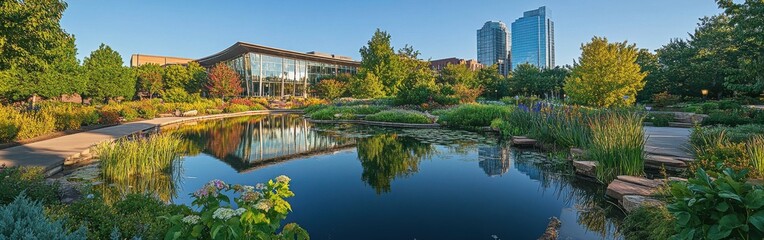Obraz premium Lush gardens featuring a tranquil pond and modern skyline reflections during a clear, sunny day