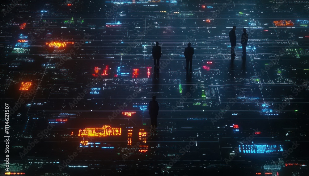 Poster Silhouettes of people standing before a digital display with glowing lines and data