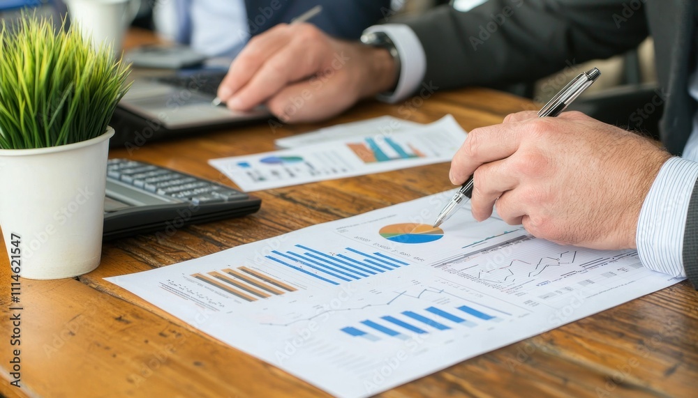 Aufkleber a businessman's hand pointing at a financial graph on a table