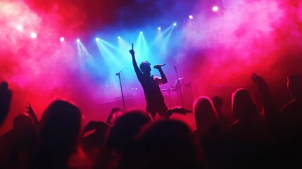 Energetic male singer performing on stage in front of enthusiastic crowd.