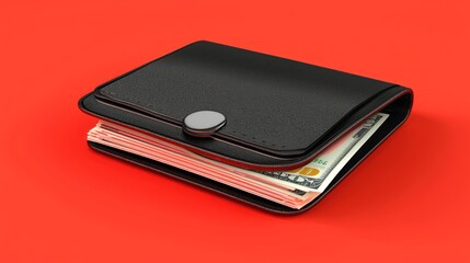 Black Leather Wallet Filled with US Dollar Bills on a Red Background