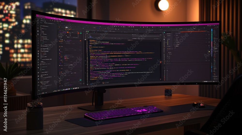 Poster Curved Monitor with Code and Keyboard on Desk