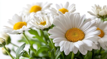 Fototapeta premium Beautiful Close-Up of Fresh White Daisies with Yellow Centers on a Bright Background, Perfect for Floral Designs and Nature Themes