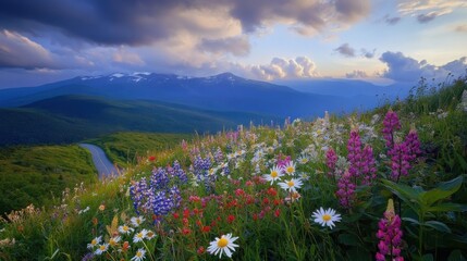 Obraz premium A breathtaking view of wildflowers blooming along the Mt Washington Auto Road at sunset with mountains in the background
