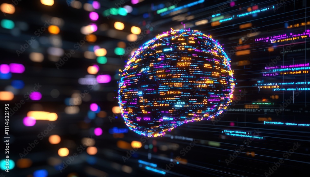 Aufkleber Abstract Digital Sphere with Glowing Code and Blurry Lights