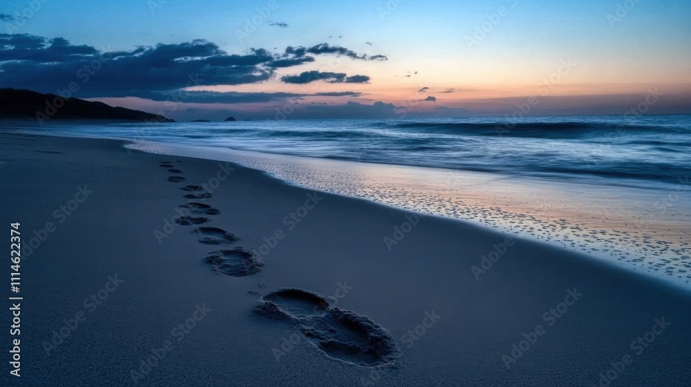 Poster twilight at a serene beach with gentle waves and soft footprints leading towards the horizon