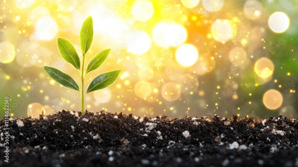Aufkleber a single green sprout emerging from dark soil with a golden bokeh background