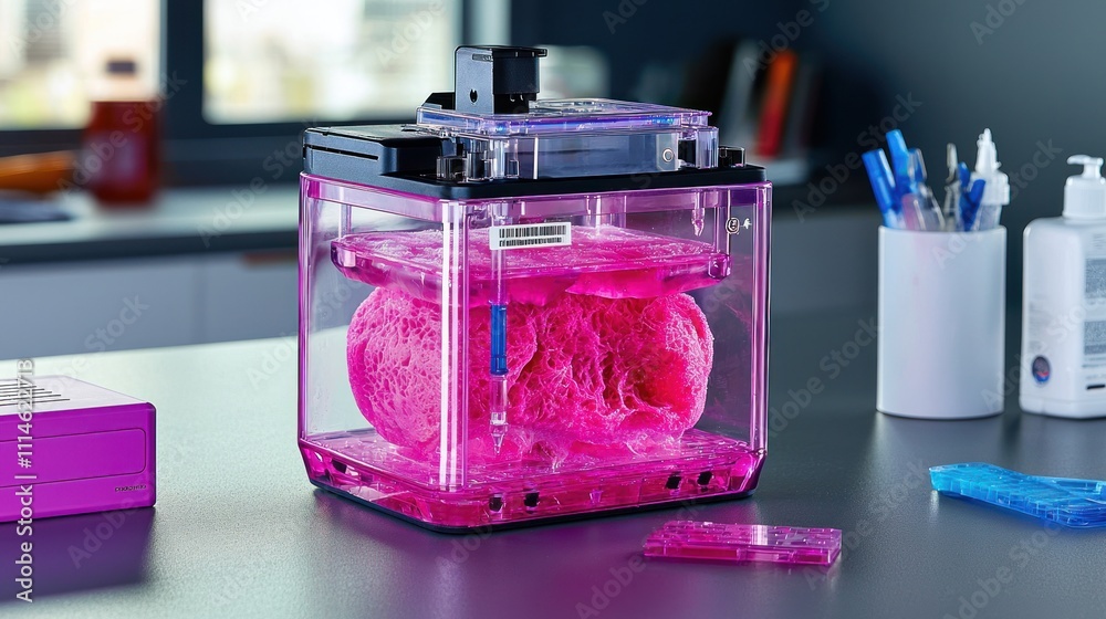 Poster 3d printed pink organ in a clear container