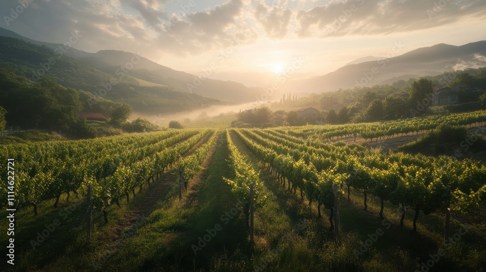 Poster a serene morning in a vineyard surrounded by rolling hills in the soft light of dawn