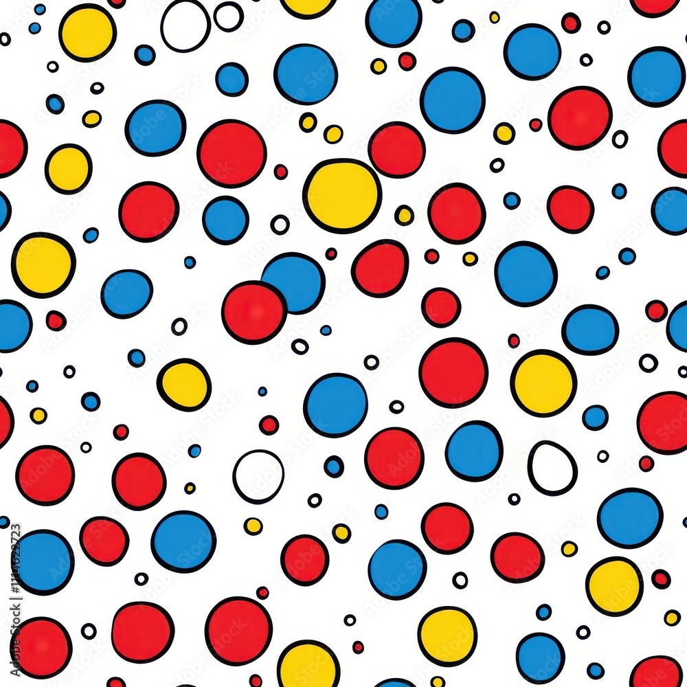 Poster a vibrant and cheerful cartoon-style pattern of multicolored polka dots on a white background showca
