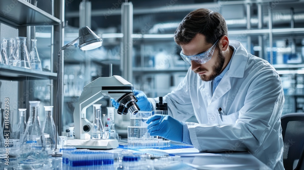 Aufkleber A Scientist in a Lab Coat Working with a Microscope and Beaker