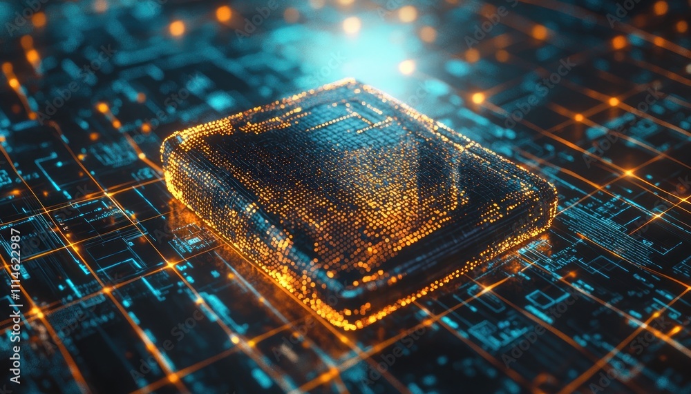 Poster glowing digital chip on a circuit board