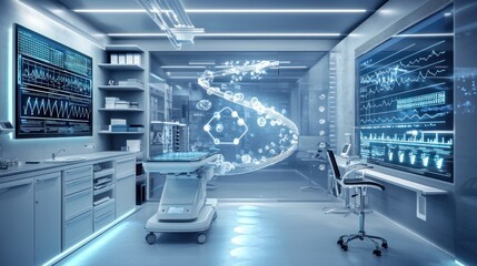 Futuristic Medical Examination Room with Holographic Display and Medical Equipment