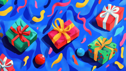 Obraz premium Generative AI illustration of colorful gifts with ribbons and bows placed on blue background