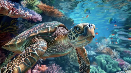 Fototapeta premium Charming Cartoon Turtle Smiling Happily in a Vibrant Underwater Scene with Colorful Coral and Playful Fish, Perfect for Children's Illustrations and Educational Materials