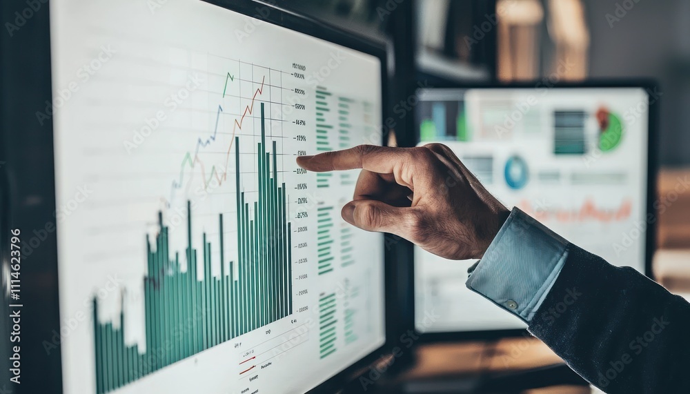 Poster A Man's Hand Points at a Bar Graph on a Computer Monitor