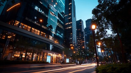 Night cityscape with light trails on a modern city street