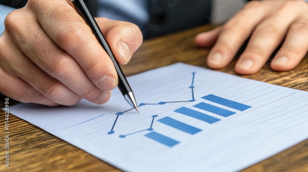 Poster hand holding a pen pointing to a graph showing growth trends