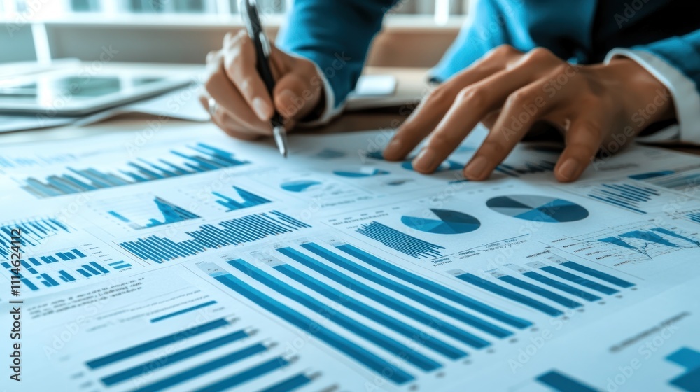 Aufkleber close-up of hands analyzing financial charts and graphs
