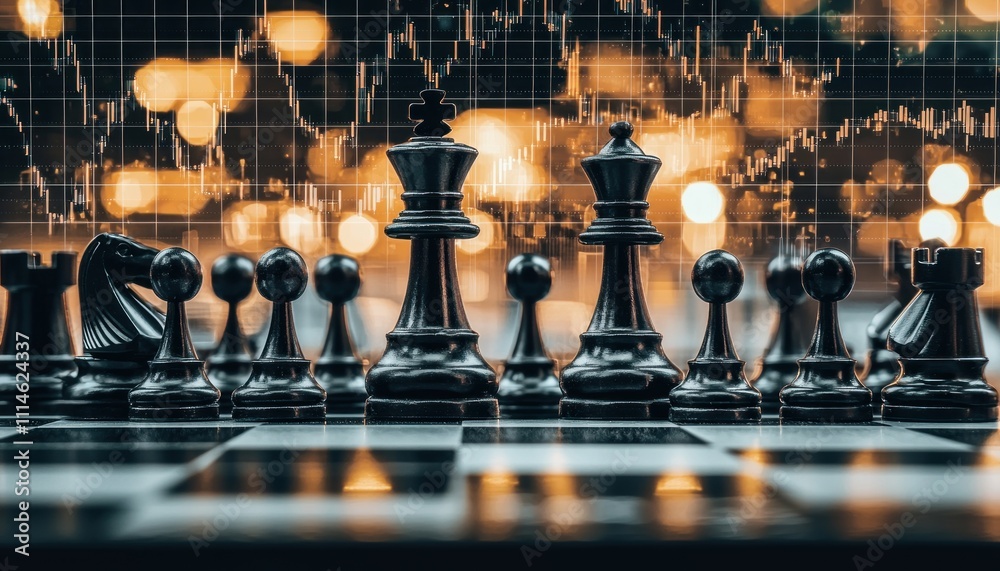 Poster black chess pieces on a chessboard with stock market data in the background
