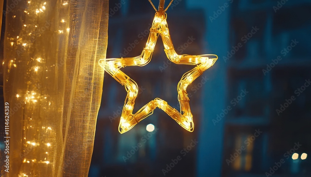 Poster illuminated star decoration hanging by a window with sheer curtains