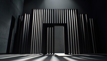 Naklejka premium Abstract Dark Room with a Gated Entrance and Shadowy Lighting
