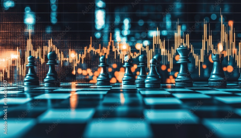 Poster chess pieces on a chessboard with a stock market chart in the background