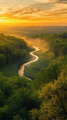 A serene sunset over the meandering Cuyahoga River in Cuyahoga Valley National Park, capturing nature's beauty in golden hues