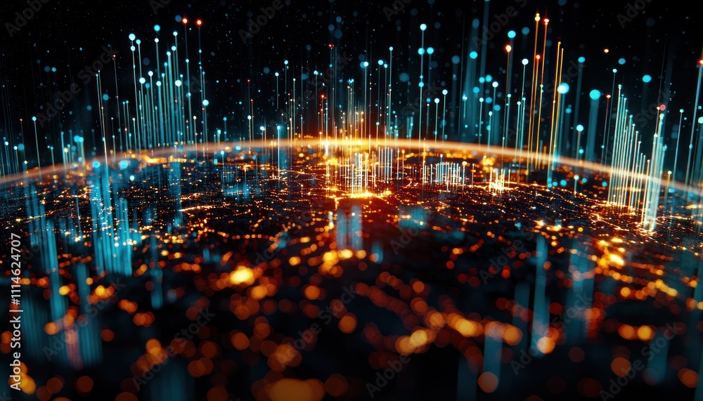 Poster abstract representation of a cityscape with glowing lines and dots