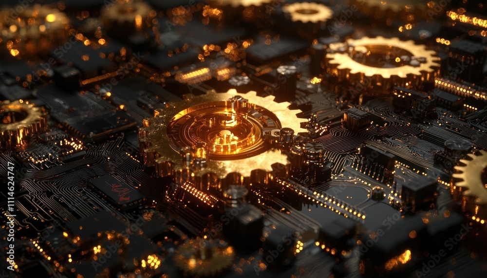 Poster golden gears interlocking on a circuit board