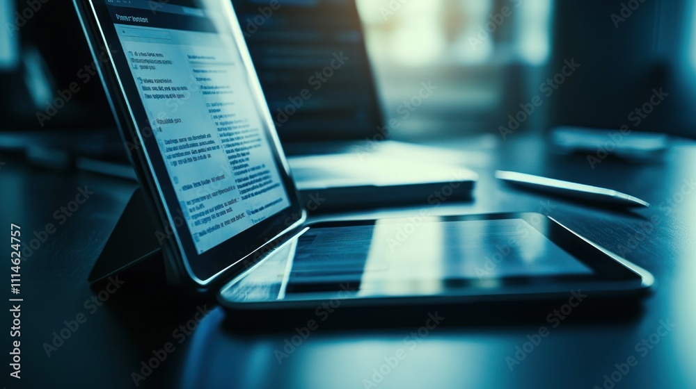 Poster Close-up of a Laptop and Tablet on a Desk with Text Visible on the Screen