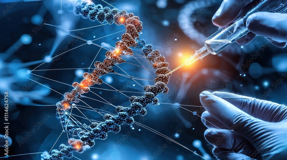 Poster gloved hand injecting liquid into a dna strand
