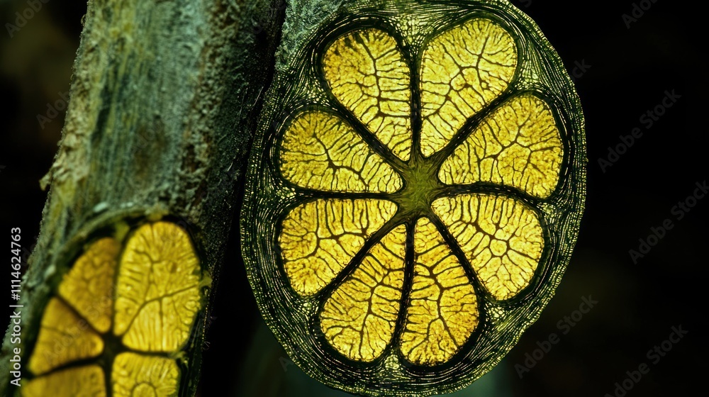 Poster close-up of a yellow and green leaf with a complex vein structure