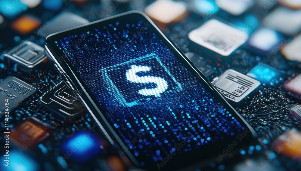Poster Smartphone Displaying a Dollar Sign on a Circuit Board Background