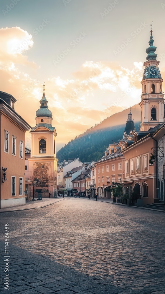 Poster a historic city square at golden hour with charming buildings and a lone clock tower in the backgrou