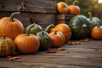 Autumn bottom border banner of pumpkins, gourds and fall decor on a rustic wood background with copy space/banner/design/wallpaper