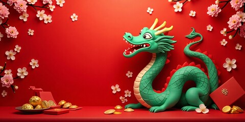 Obraz premium A vibrant red background showcases an elegant Chinese New Year celebration with a green snake, red envelopes, gold ingots, and cherry blossoms.