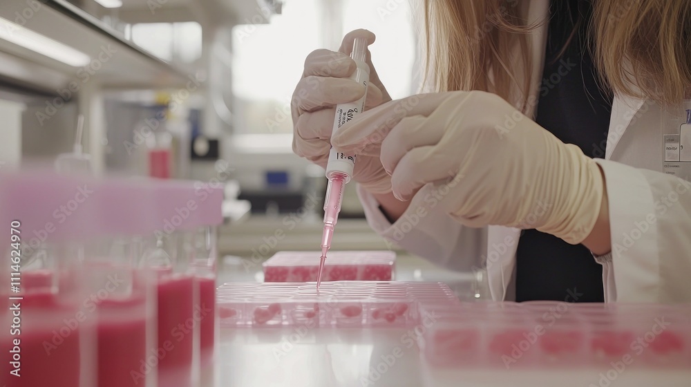 Poster scientist using pipette to transfer liquid into wells of a plate