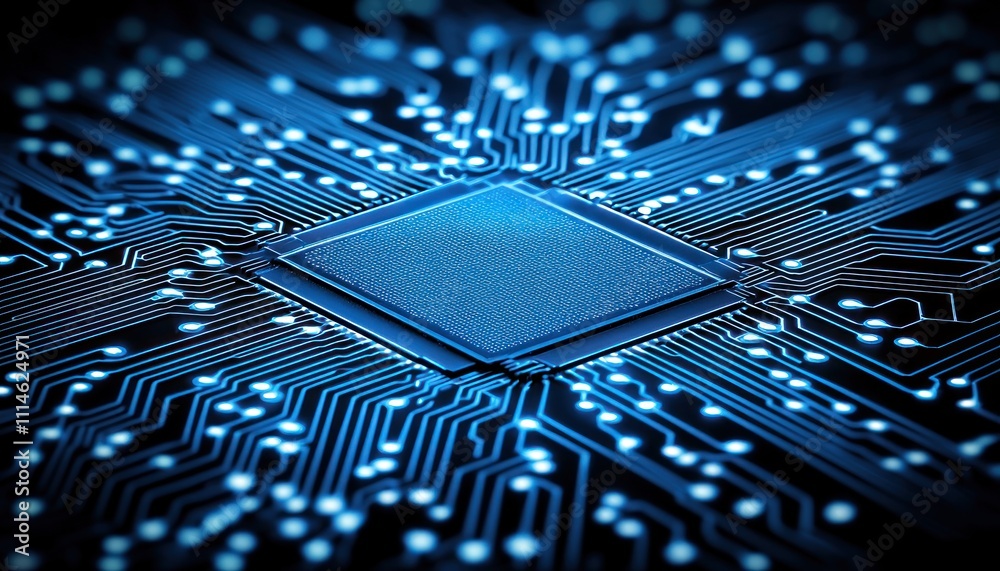 Aufkleber close-up of a blue circuit board with a microchip