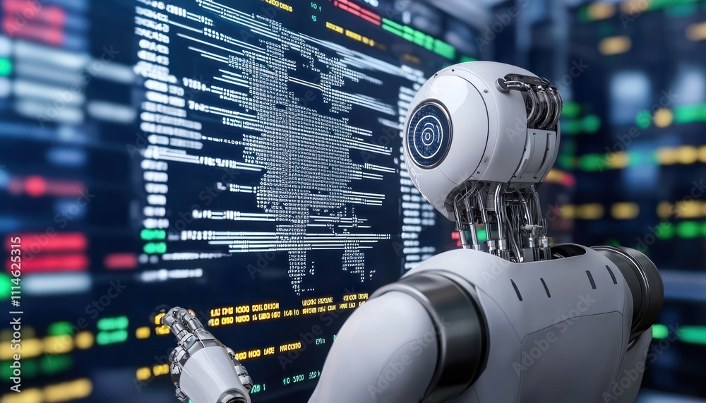 Poster Robot Examining Data on a Large Screen in a Server Room