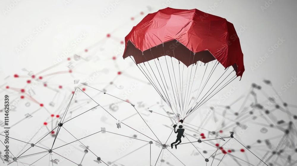 Aufkleber red parachute descending through a network of lines