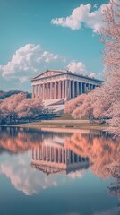 Obraz premium A serene view of the Parthenon reflecting on a tranquil lake surrounded by blooming cherry blossoms in springtime