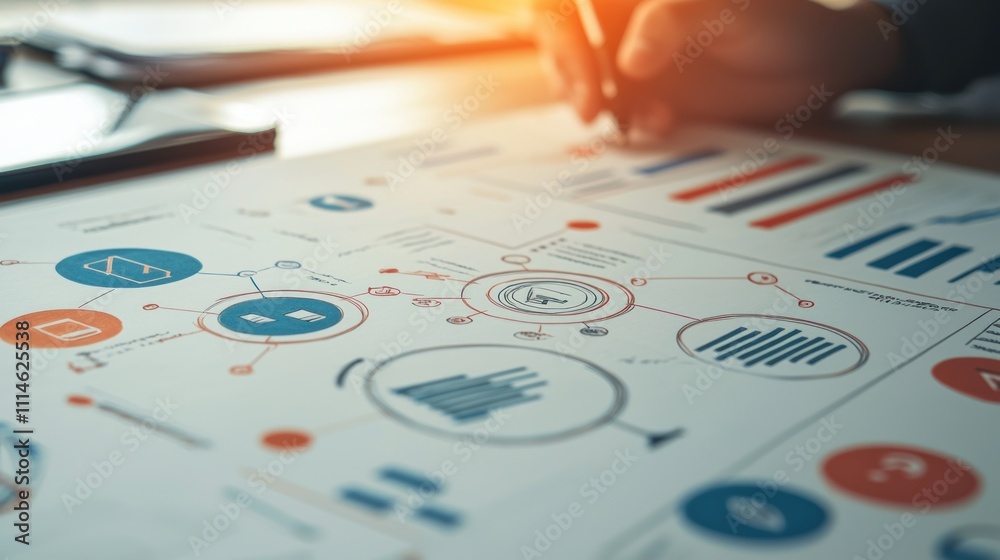 Poster hand drawing a business flowchart on paper