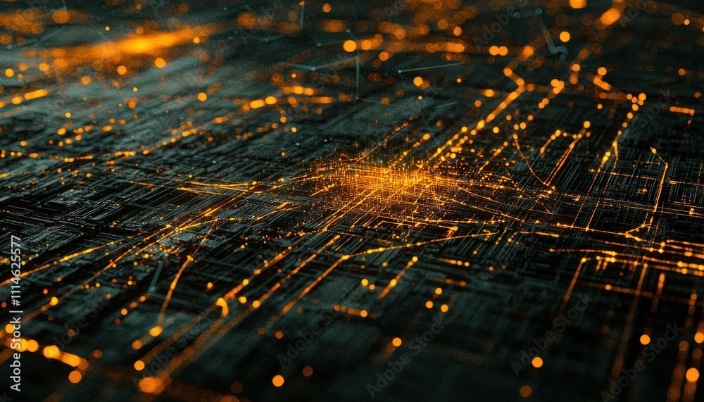 Poster glowing abstract cityscape with network connections