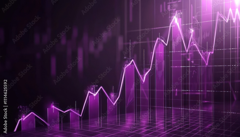 Poster abstract purple glow lines and bars chart on dark background