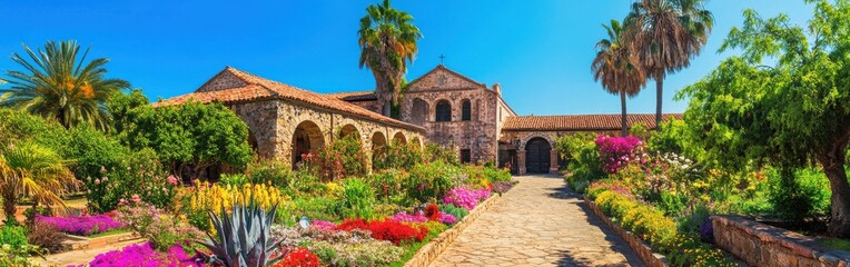 Fototapeta premium Explore the historic Mission surrounded by vibrant gardens and palm trees in a sunny landscape