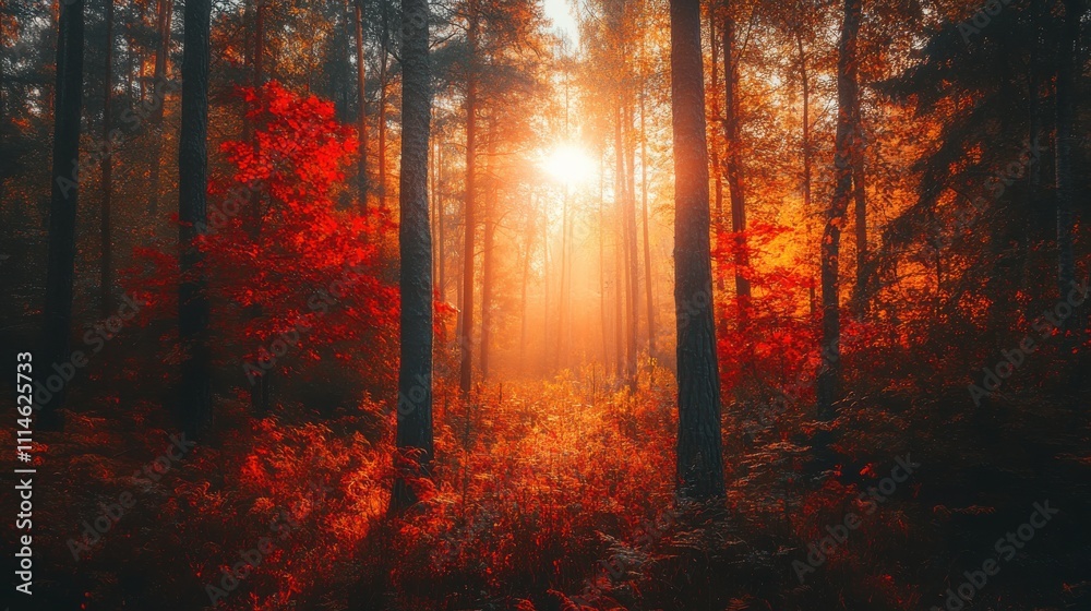 Poster a stunning autumn forest at sunset with vibrant red leaves and glowing sunlight filtering through th