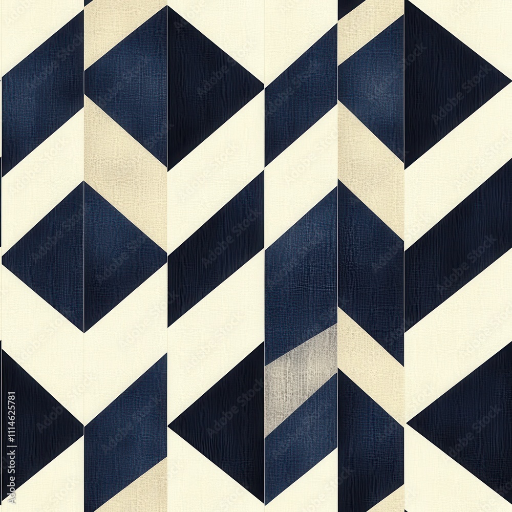 Poster a repeating pattern of blue and cream triangles arranged in a modern geometric design for contempora